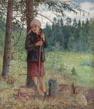 Nikolay Petrovich Bogdanov Belsky Painting - La muchacha en el bosque Nikolay Bogdanov Belsky